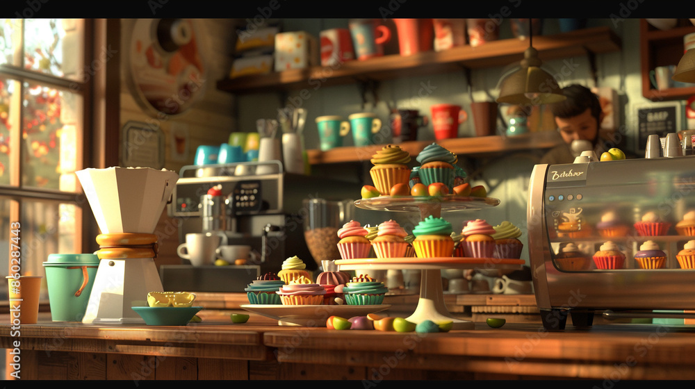 A cozy coffee shop with a display of colorful artisanal cupcakes and a barista brewing espresso 32k, full ultra hd, high resolution A cozy coffee shop with a display of colorful artisanal cupcakes and a barista brewing espresso 32k, full ultra hd, high resolution