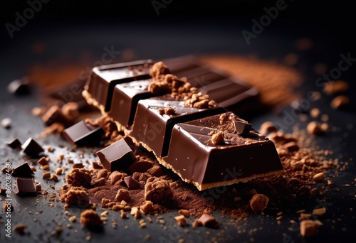 cracking chocolate bar scattered crumbs motion, broken, snapping, fragments, falling, shattered, particles, splitting, bits, dessert, chocolaty, breaking © Yaraslava