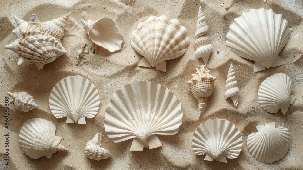 Delicately crafted paper seashells arranged on a sandy shore-like background. Delicately crafted paper seashells arranged on a sandy shore-like background.