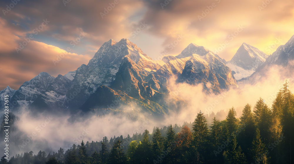 mountain range with snow and forest mountain range with snow and forest