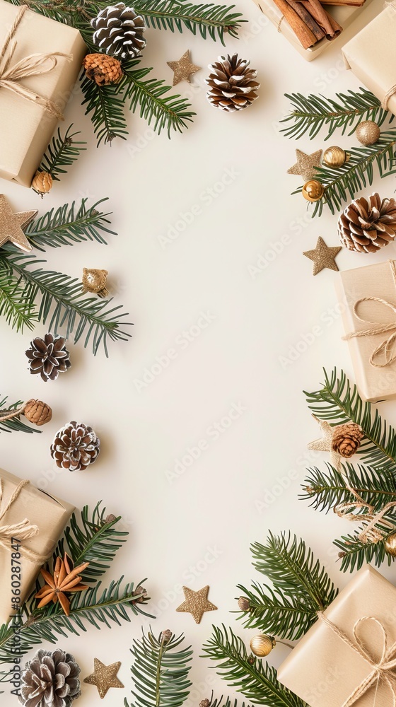 Christmas frame. Gift boxes, stars, pine branches and cones on pastel beige background. Xmas greeting card mockup, New year postcard template. Flat lay, top view, copy space Christmas frame. Gift boxes, stars, pine branches and cones on pastel beige background. Xmas greeting card mockup, New year postcard template. Flat lay, top view, copy space