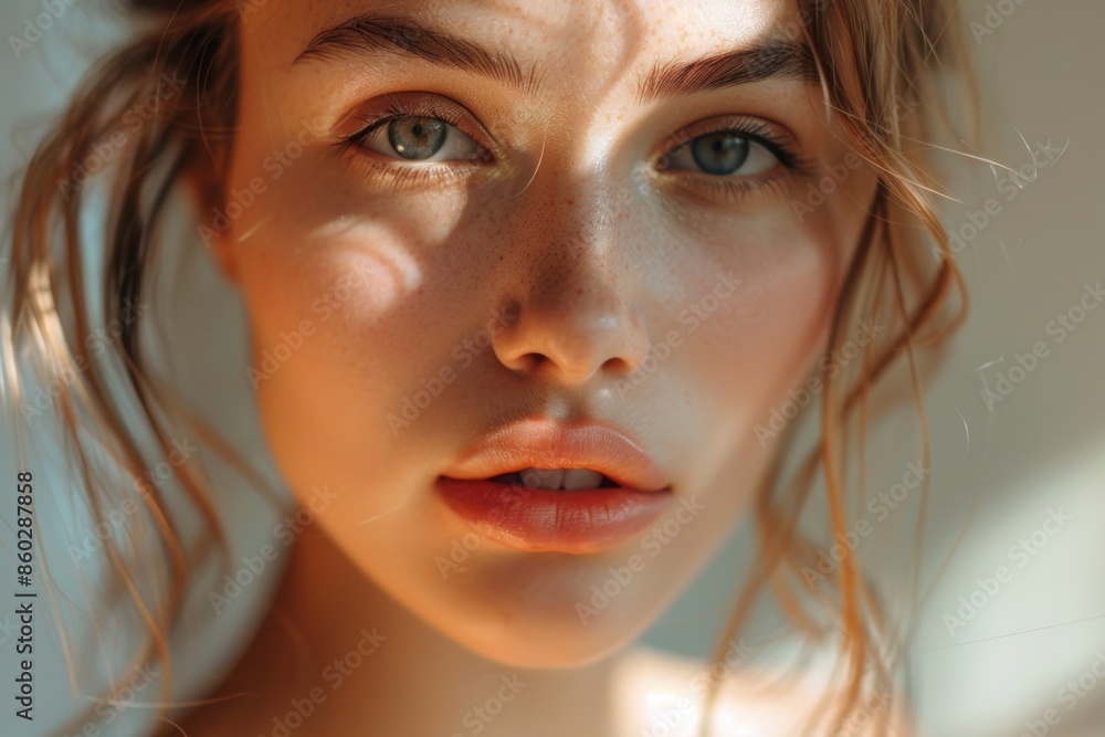 A detailed view of a woman's facial features with distinctive freckles in her hair A detailed view of a woman's facial features with distinctive freckles in her hair