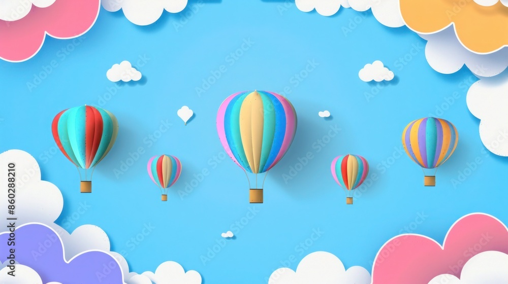 Colorful hot air balloons floating in a clear blue sky, encircled by a whimsical cloud pattern border. Colorful hot air balloons floating in a clear blue sky, encircled by a whimsical cloud pattern border.
