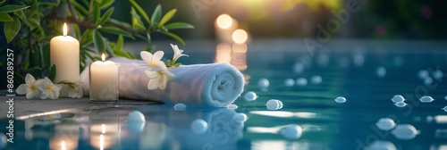 Spa relaxation banner background on a table next to a pool