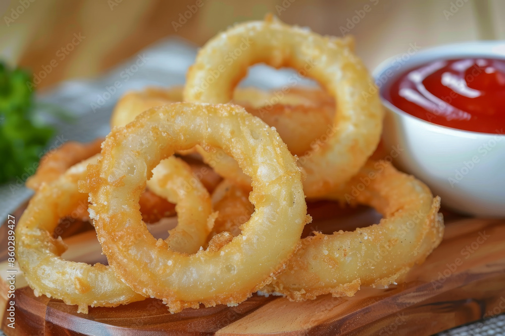 Golden-brown, crispy onion rings are presented on a wooden board next to a small bowl of bright red ketchup. Golden-brown, crispy onion rings are presented on a wooden board next to a small bowl of bright red ketchup.