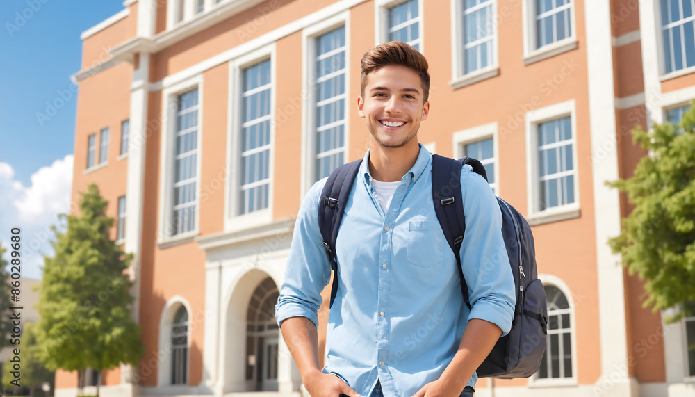 Fototapeta premium A smiling young male student wearing a backpack and casual clothes, standing confidently on a university campus with modern buildings in the background. Education, lifestyle, or college concepts.