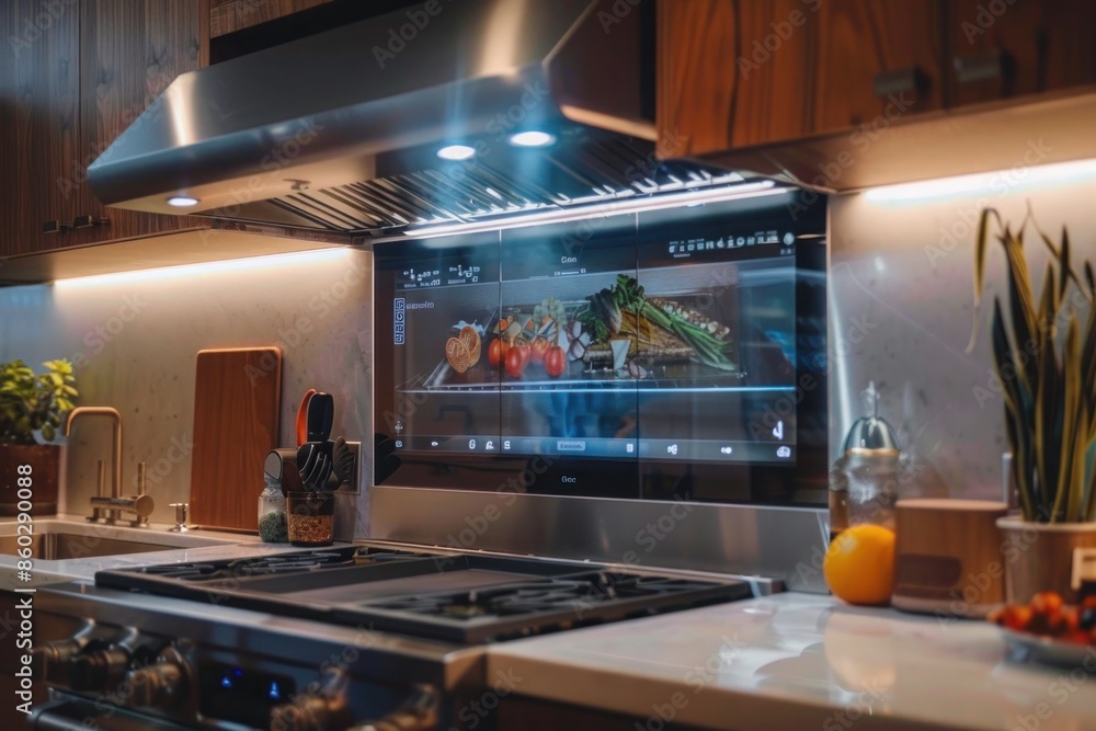 An open-concept kitchen where the backsplash is a touchscreen interface, allowing the chef to adjust the oven temperature and check recipes without leaving the cooking area. An open-concept kitchen where the backsplash is a touchscreen interface, allowing the chef to adjust the oven temperature and check recipes without leaving the cooking area.