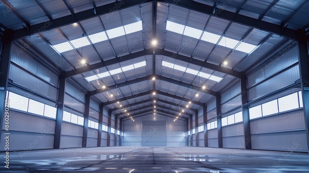 Empty Industrial Steel Building Interior With Overhead Lighting Empty Industrial Steel Building Interior With Overhead Lighting