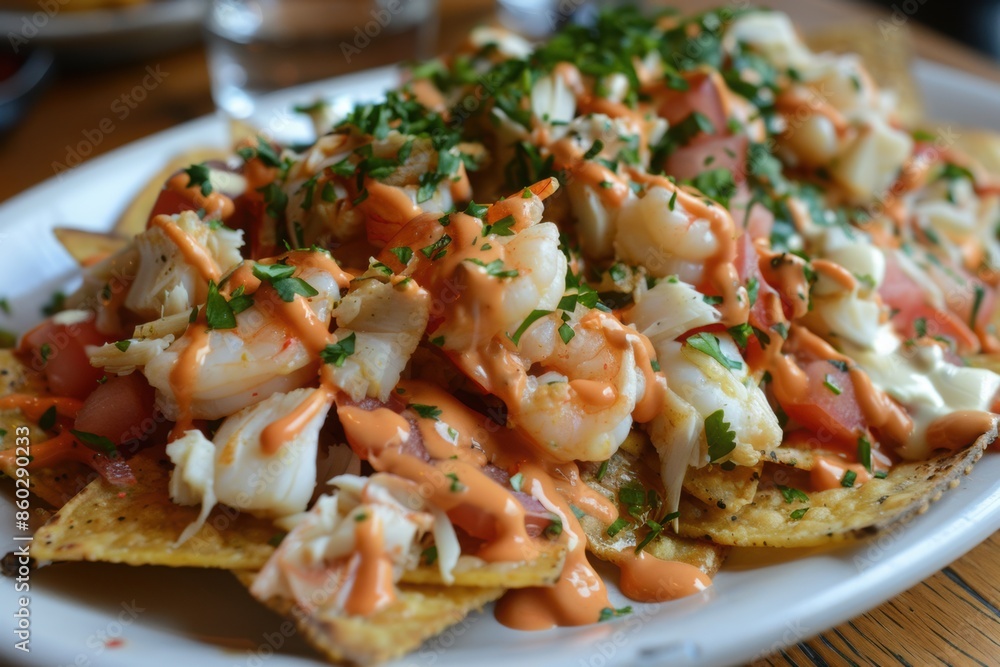 Seafood nachos with shrimp and spicy aioli sauce for appetizer Seafood nachos with shrimp and spicy aioli sauce for appetizer