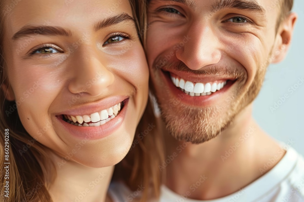 Young Couple Smiling With Bright White Teeth Outdoors - Teeth Whitening, Happiness, Togetherness Young Couple Smiling With Bright White Teeth Outdoors - Teeth Whitening, Happiness, Togetherness