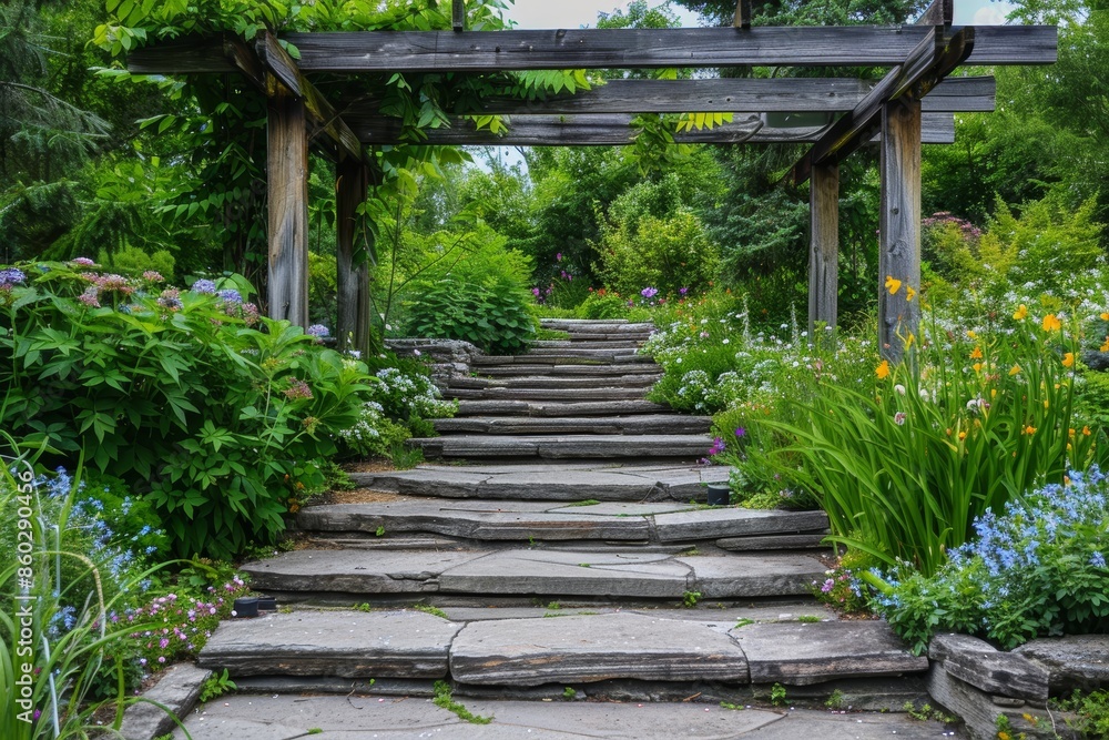 Lush Garden Path with Stone Steps and Wooden Arbor for Tranquil Outdoor Spaces Lush Garden Path with Stone Steps and Wooden Arbor for Tranquil Outdoor Spaces
