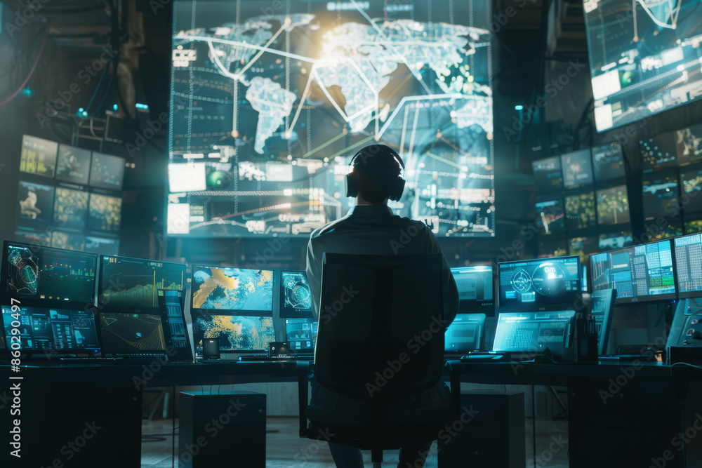 In a high-tech control room, a person analyzes multiple screens showing intricate global data and digital maps, reflecting intense concentration and strategy. In a high-tech control room, a person analyzes multiple screens showing intricate global data and digital maps, reflecting intense concentration and strategy.