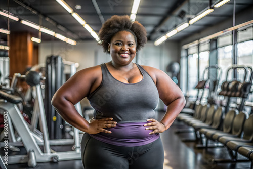 Black woman plus size, doing sports in the gym or fitness center. Motivation for a healthy lifestyle.