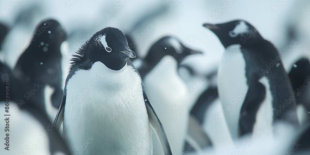 Φωτογραφία close up of a penguin, Huddled Penguins in Antarctic A group of huddled penguins in the Antarctic, captured in a full-body shot, showcasing their communal behavior and icy habitat