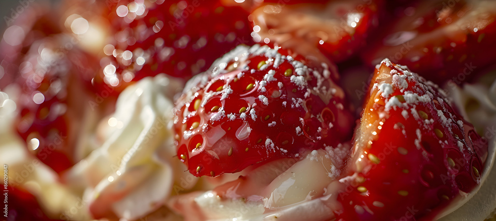 Close-up of fast food strawberry shortcake showcasing detailed textures of the fluffy cake and fresh strawberries Close-up of fast food strawberry shortcake showcasing detailed textures of the fluffy cake and fresh strawberries