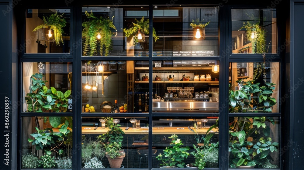 A window with a view of a restaurant with a lot of plants A window with a view of a restaurant with a lot of plants