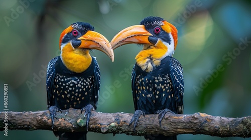 Two hornbills sitting side by side on a sturdy branch, their vivid beaks and contrasting feathers creating a stunning display against the blue sky photo