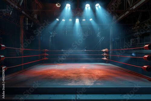 A dramatic wrestling ring under vibrant spotlights, ready for a high-energy match, capturing the anticipation and intensity of the sport.