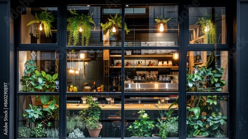 A window with a view of a restaurant with a lot of plants