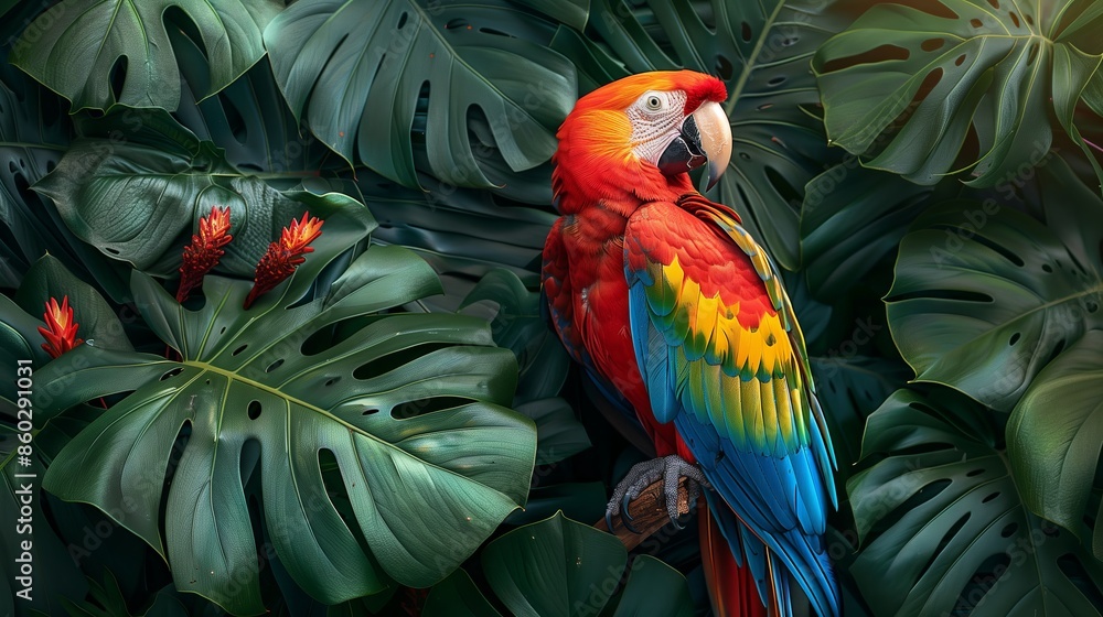 Obraz premium A parrot with multi-colored feathers sitting on a branch, set against a background of large, vibrant green leaves