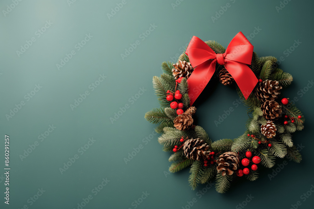 Traditional Christmas wreath adorned with a red bow, pinecones on a green background with copy space for mockup Traditional Christmas wreath adorned with a red bow, pinecones on a green background with copy space for mockup