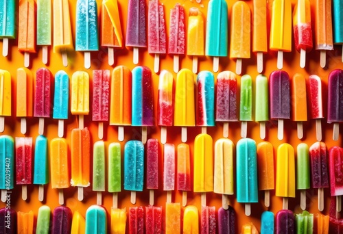 vibrant multicolored popsicles sticks summer refreshment treats, colorful, dessert, frozen, sweet, snack, fruity, delicious, icy, cold, rainbow, flavors photo