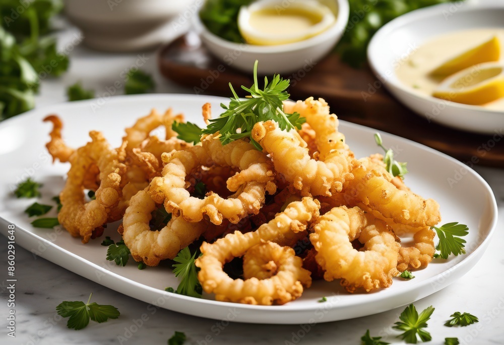 crispy golden fried calamari creamy aioli sauce white plate, appetizer, delicious, seafood, meal, dish, savory, tasty, gourmet, squid, tentacles, mediterranean crispy golden fried calamari creamy aioli sauce white plate, appetizer, delicious, seafood, meal, dish, savory, tasty, gourmet, squid, tentacles, mediterranean