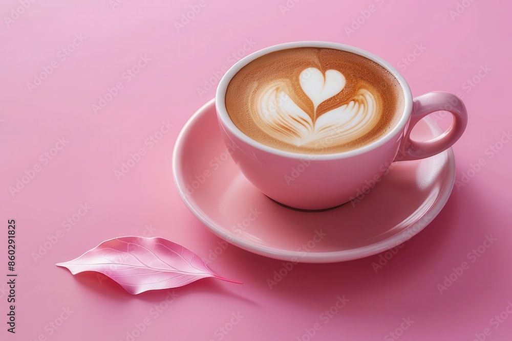 pink background with cappuccino cup and leaf foam art on saucer food photography pink background with cappuccino cup and leaf foam art on saucer food photography