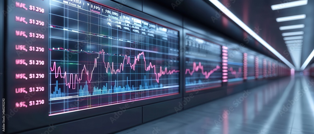 Fototapeta premium Digital stock market display with trading data and charts in a modern financial exchange environment.