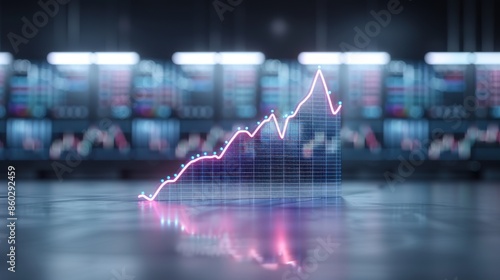 Digital chart growth, financial data analytics, stock market report 3D illustration with rising graph on a futuristic background.