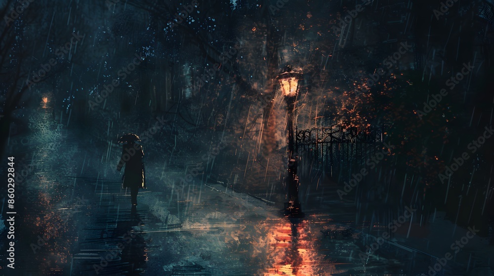 Fototapeta premium Lone Figure Walking on Rainy City Street at Night