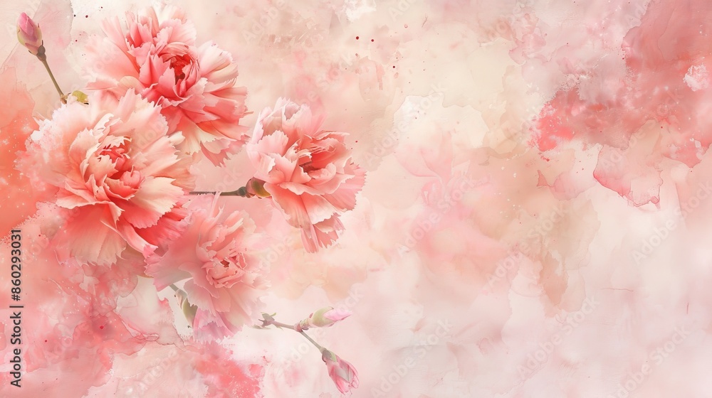Fototapeta premium Delicate Pink Carnations on a Watercolor Background