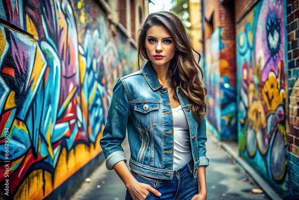Trendy fashionista in denim jacket against vibrant graffiti art Trendy fashionista in denim jacket against vibrant graffiti art
