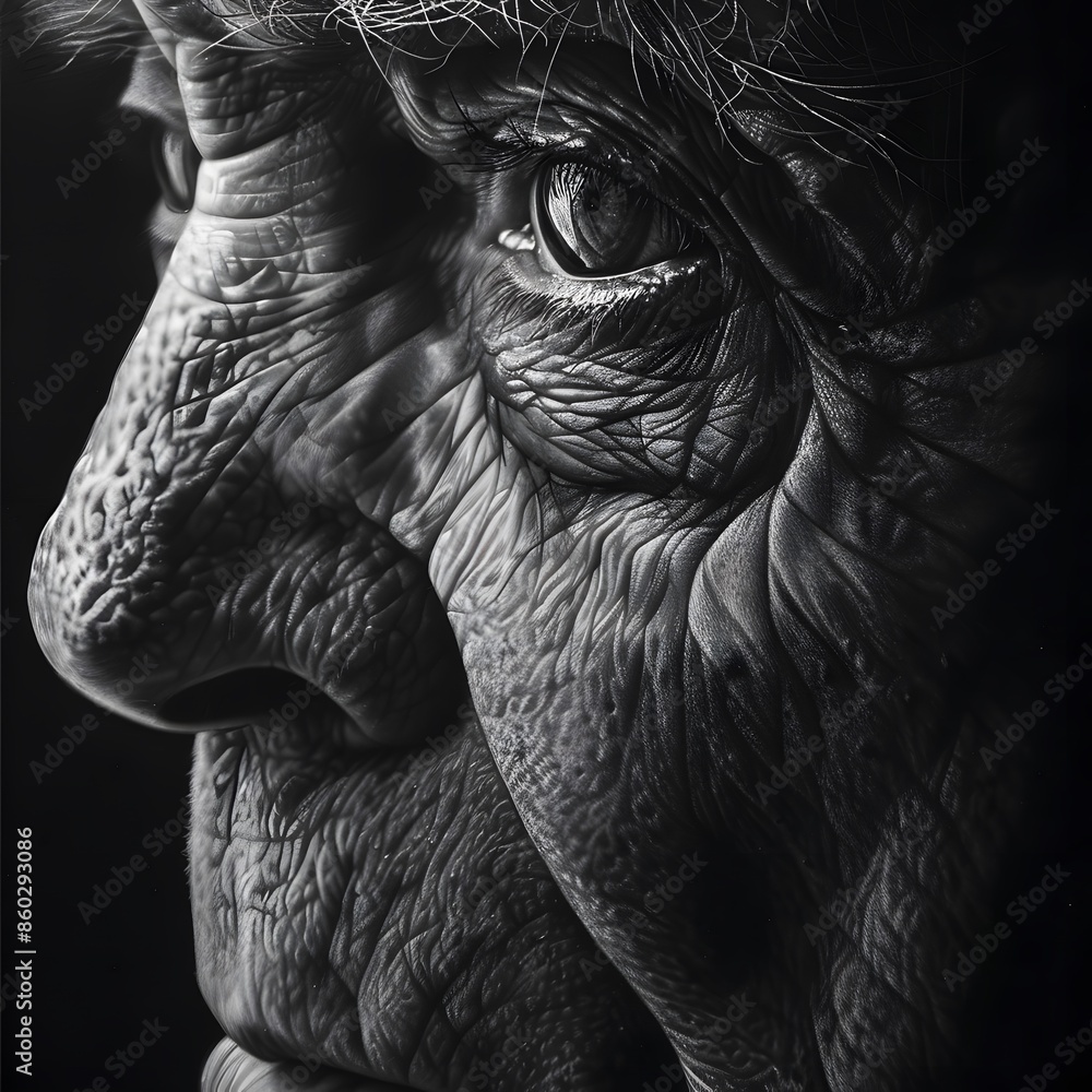 Black and White Portrait of Elderly Person with Wrinkles Black and White Portrait of Elderly Person with Wrinkles