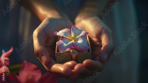 Wallpaper Mural Gift box in hands with flowers at home : Generative AI Torontodigital.ca