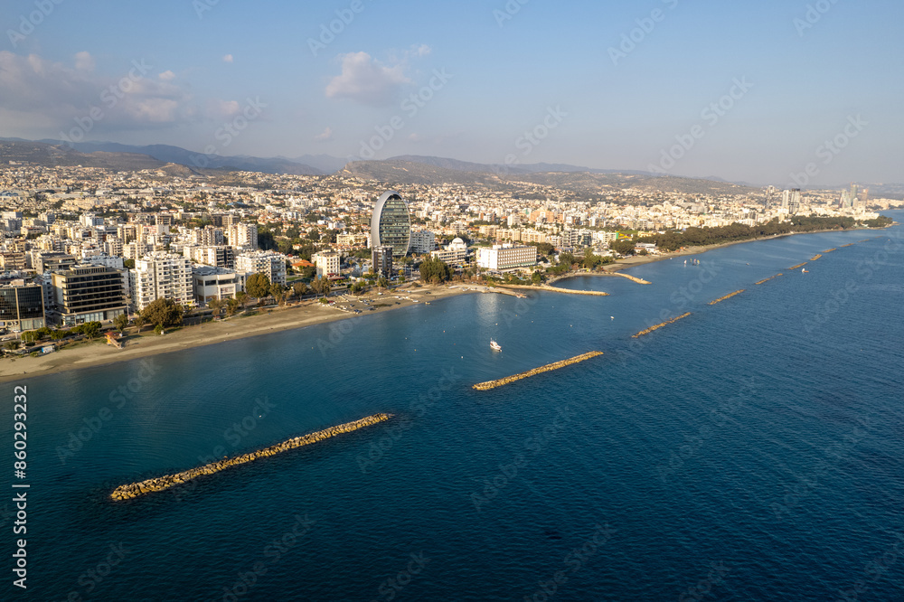 Naklejka premium Drone aerial view of waterfront of modern coastal city. Limassol town Cyprus Europe