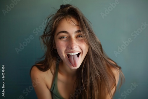 playful woman with long brown hair sticking out tongue green tank top candid portrait photo