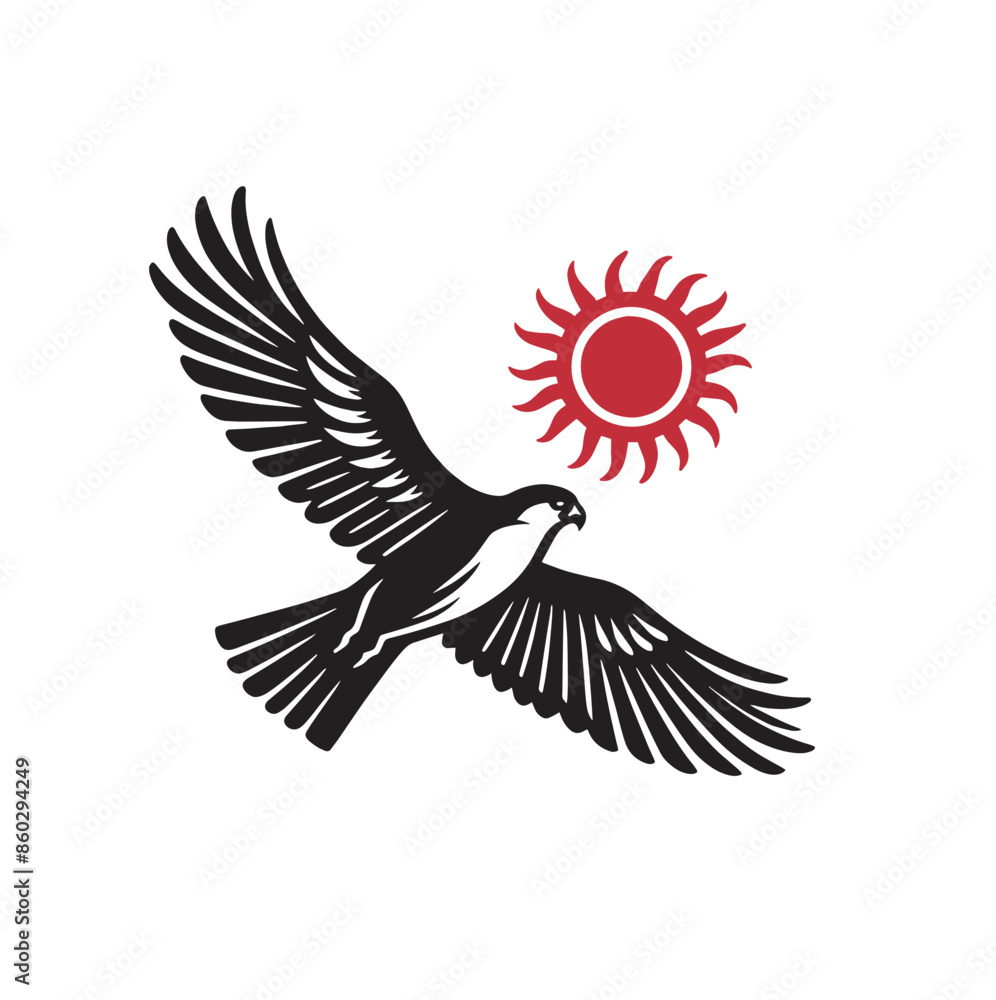 Obraz premium Falcon bird and sun. Vector old emblem. Red and black