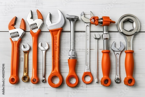 plumbers tools arranged on light wooden background still life photography photo