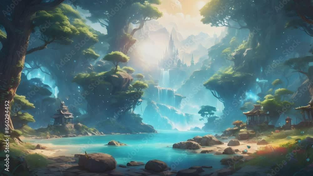 A majestic castle perched atop a waterfall, surrounded by lush greenery and mountains under a clear blue sky with two comets streaking overhead A majestic castle perched atop a waterfall, surrounded by lush greenery and mountains under a clear blue sky with two comets streaking overhead