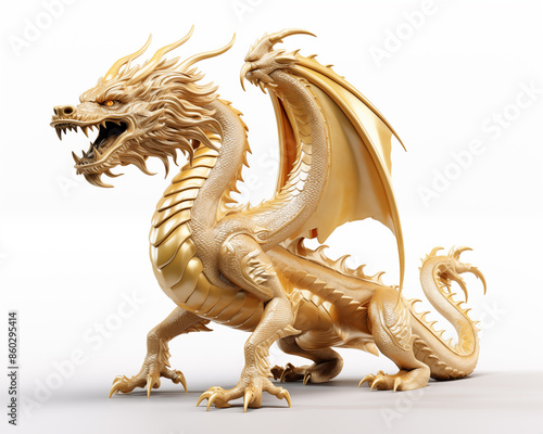 Majestic golden dragon statue isolated on a white background. 3D rendered image with intricate details and realistic scales. Perfect for fantasy, mythology, or medieval concepts.