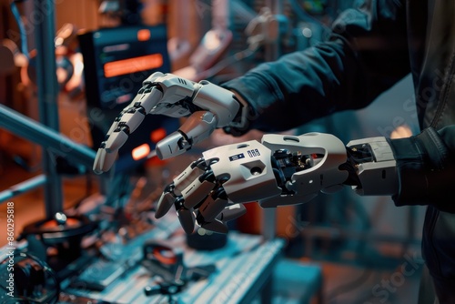 A person wearing a robotic hand interacts with another robotic hand
