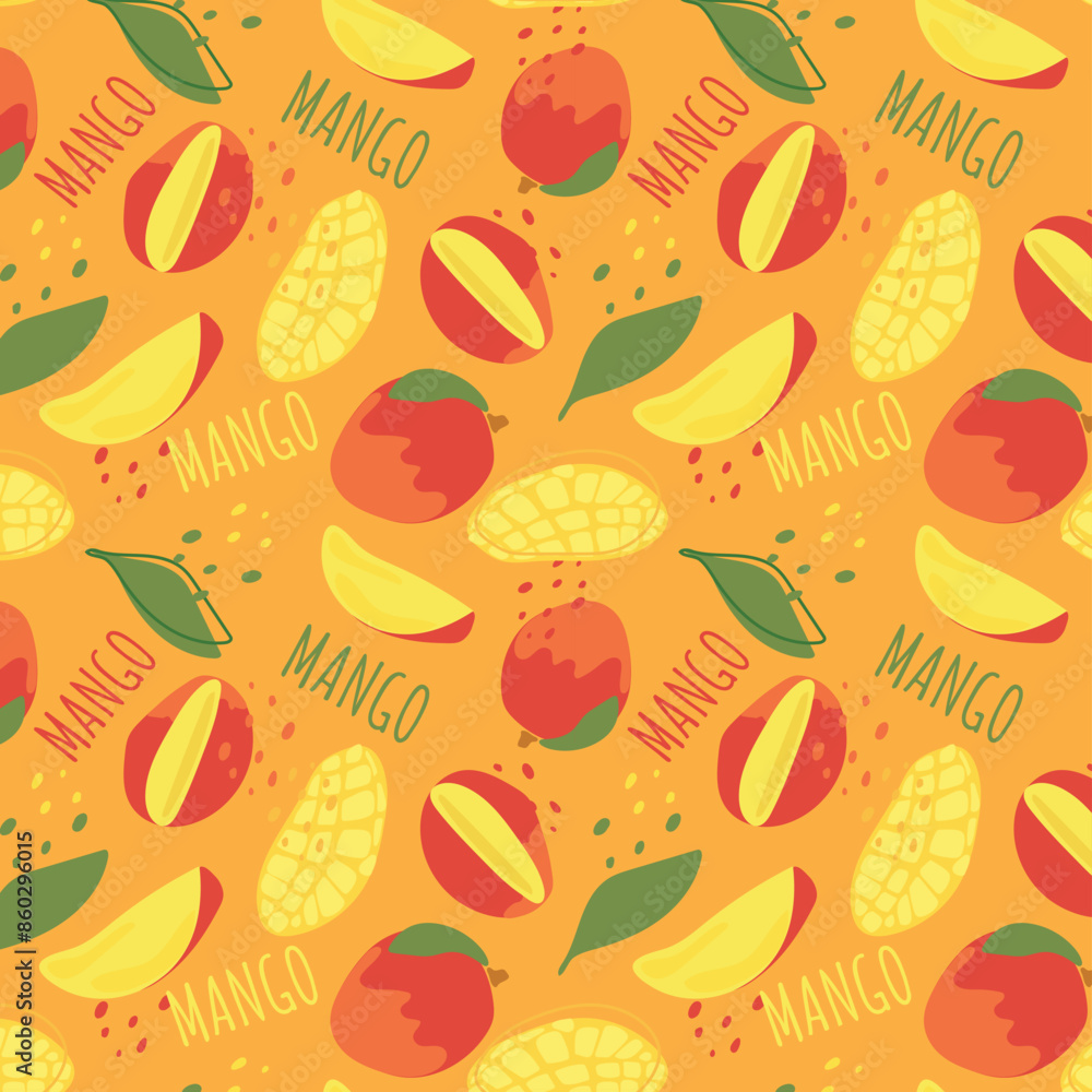 Abstract mango pattern in flat style. Fresh, delicious fruit seamless pattern. Vector background. Summer freshness for health. For background, juice, ice cream or packaging. Abstract mango pattern in flat style. Fresh, delicious fruit seamless pattern. Vector background. Summer freshness for health. For background, juice, ice cream or packaging.