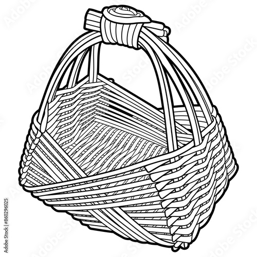 Cartoon hand drawn wicker basket isolated on white background. Vector line art doodle illustration