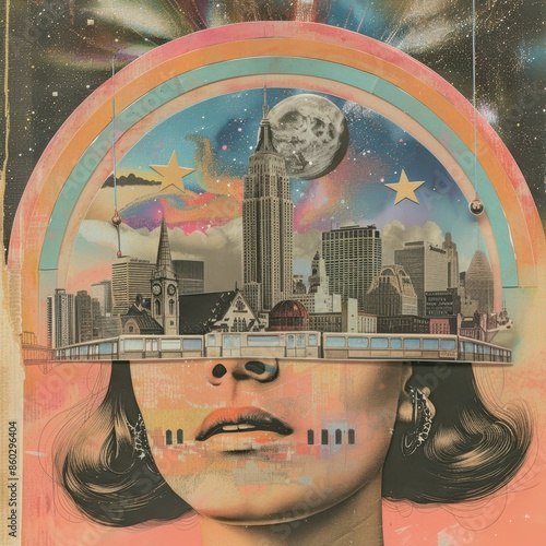 a woman's head is covered with a rainbow and a city skyline