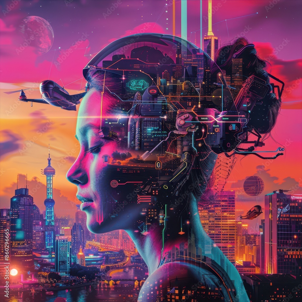 Fototapeta premium a woman with a futuristic city in the background