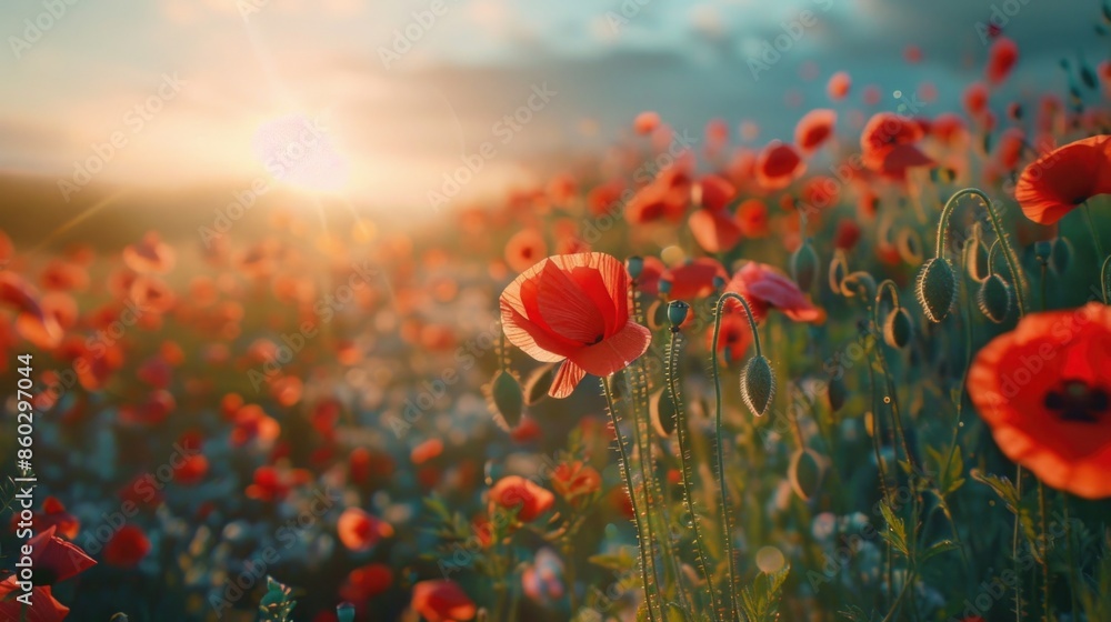 Obraz premium Field of red poppies with the sun shining through, ideal for use as a scenic backdrop or to represent nature and growth