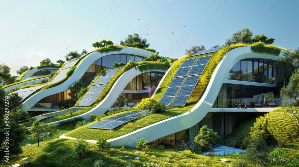 Futuristic Zero Energy Building with Solar Panels and Green Roofs - Innovative Sustainable Architecture