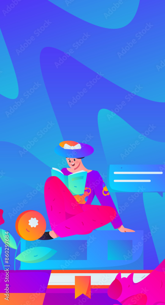 Obraz premium Character reading quietly vector concept operation hand drawn illustration 