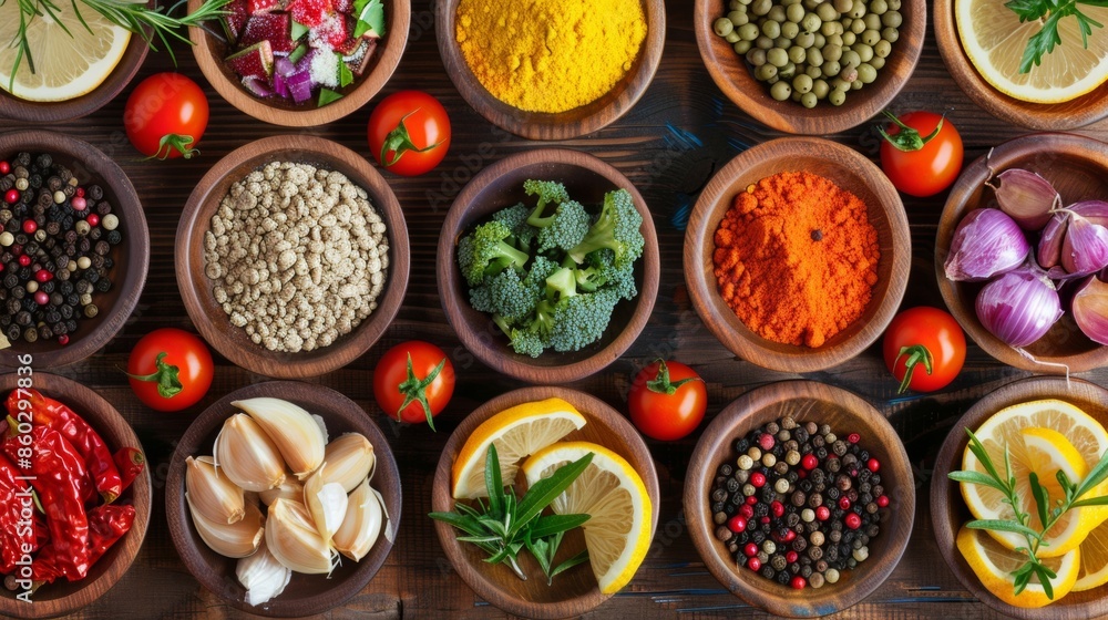Assorted Fresh Ingredients on Wooden Surface Assorted Fresh Ingredients on Wooden Surface